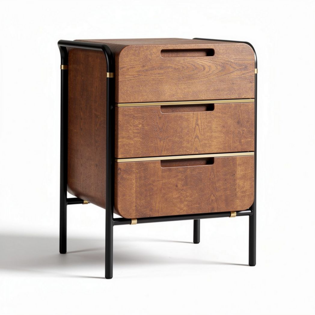 Wooden storage cabinet with three drawers and black metal frame 40 x 40 x 60cm