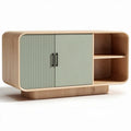 Modern wood sideboard with sliding green door and open shelves 80 x 40 x 50cm