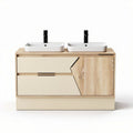 Double sink bathroom vanity with natural wood finish and storage drawers 80 x 45 x 90cm