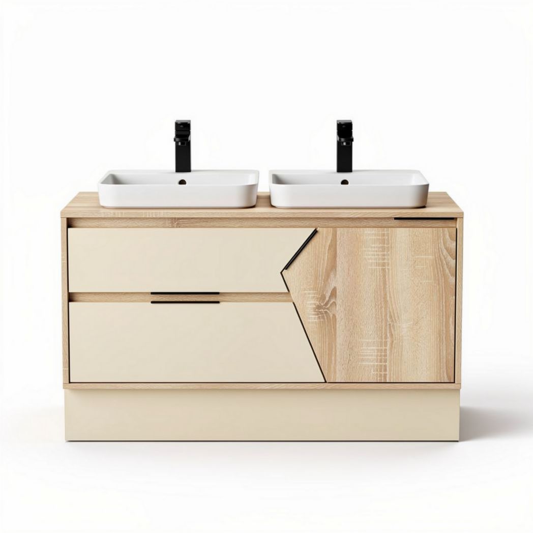 Double sink bathroom vanity with natural wood finish and storage drawers 80 x 45 x 90cm