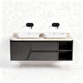 Wall-mounted bathroom vanity with dual ceramic sinks and open shelves 120 x 50 x 60cm