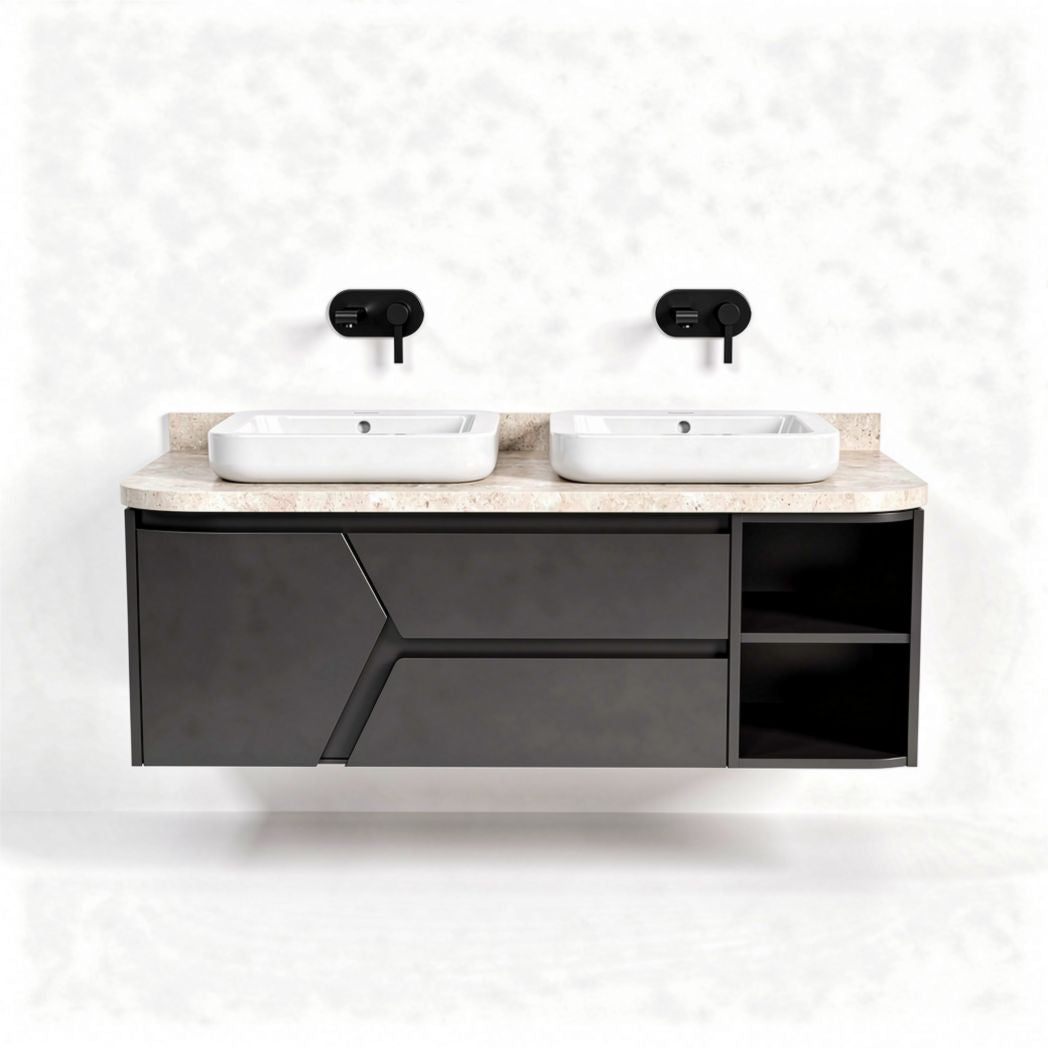 Wall-mounted bathroom vanity with dual ceramic sinks and open shelves 120 x 50 x 60cm