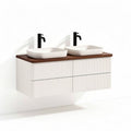 Double sink wall-mounted vanity with wood top and matte black faucets 120 x 50 x 40cm
