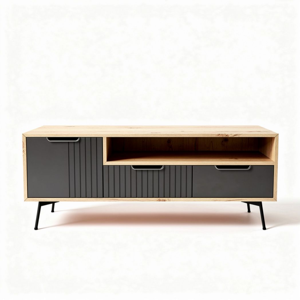 Wooden TV console with grey drawers and open shelving 100 x 40 x 50cm
