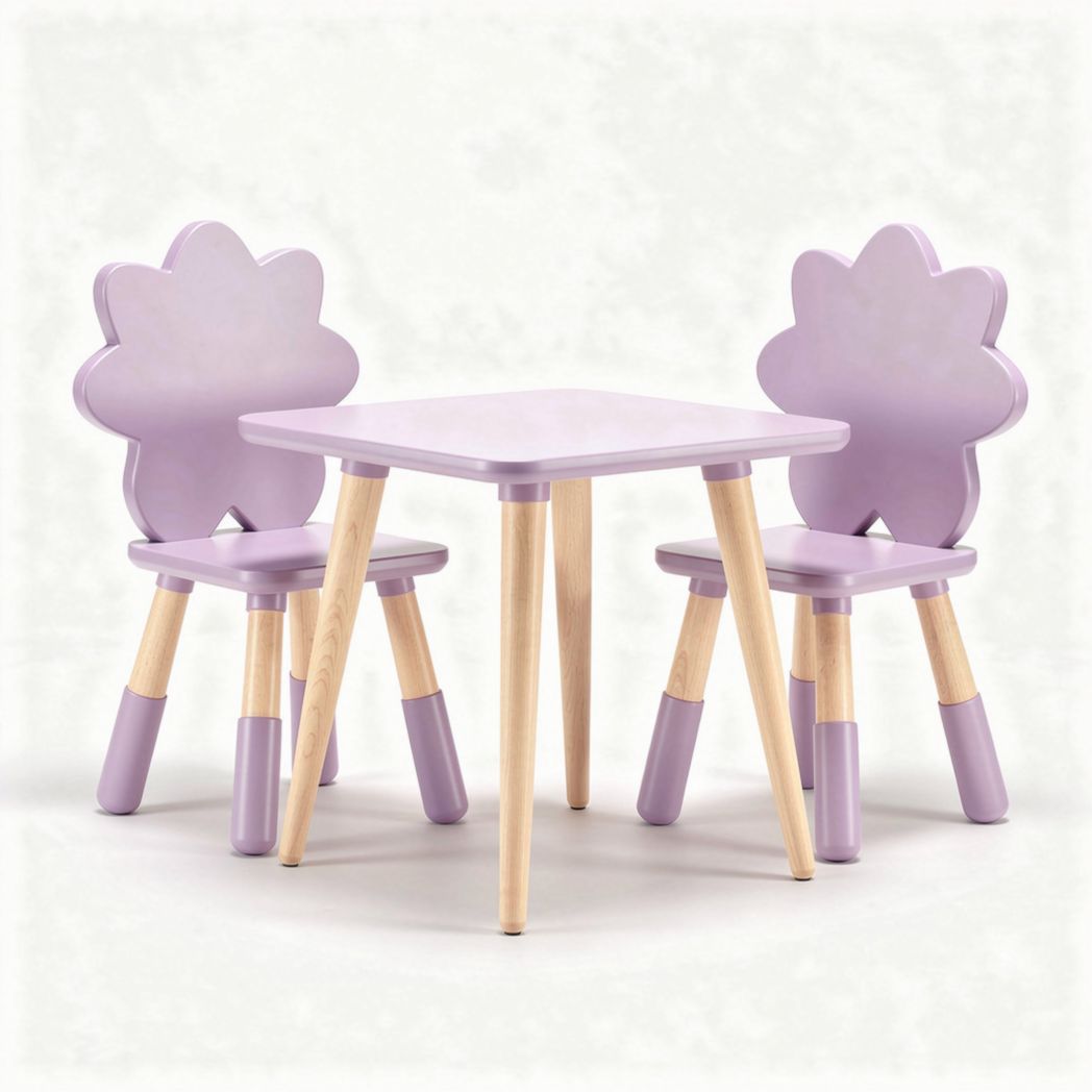 Kids' flower-shaped table and chair set in lavender wood for playtime
