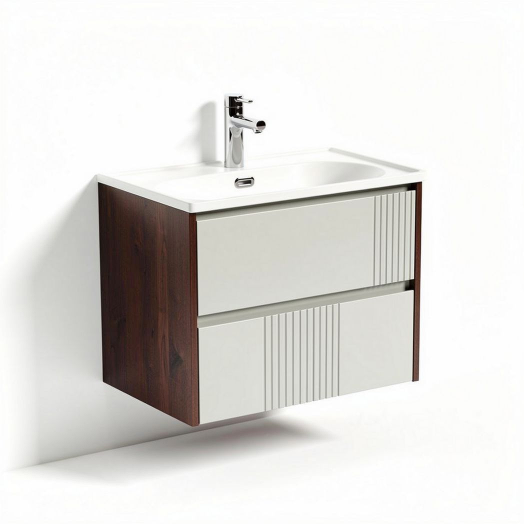 Wall-mounted bathroom vanity with two drawers in wood and white finish 80 x 45 x 50cm