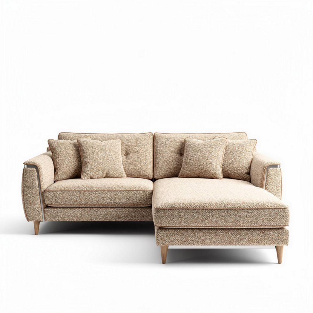 Fabric sectional sofa with chaise lounge and throw pillows in beige 200 x 90 x 85cm
